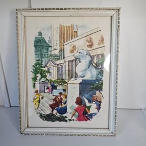 VTG Clarke Watercolor Framed Art New York Public Library Lion Mid Century *Read*